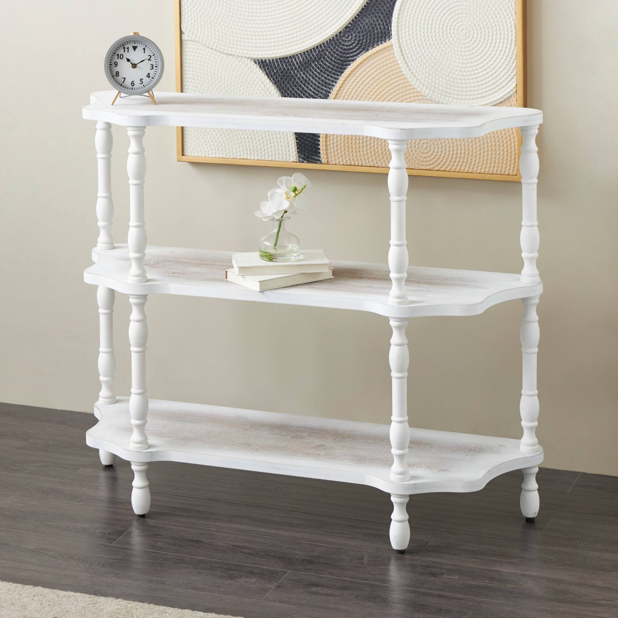 38" x 46.5" White Washed Wooden 2 Shelf Storage Shelving Unit